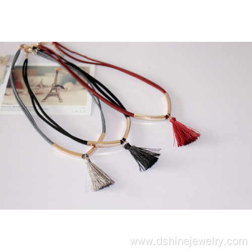 Suede Necklace With Metal Tube Silk Tassel Choker